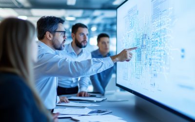 A team of cybersecurity professionals gathered around a conference table, discussing a network vulnerability assessment. The consultant is leading the discussion, pointing at a lar